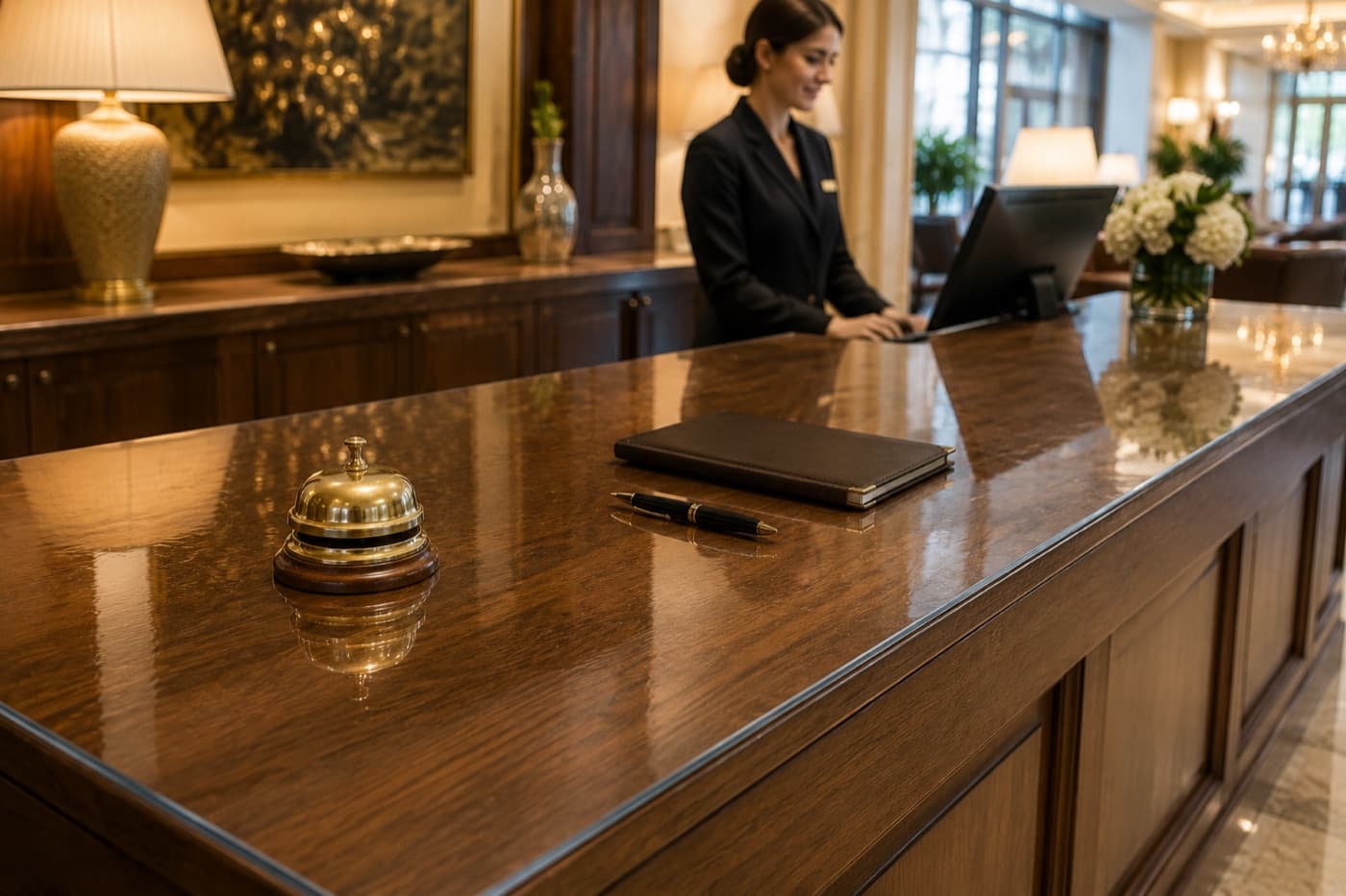 Bancone del concierge nella reception di un hotel protetto dal vetro morbido da graffi e acqua
