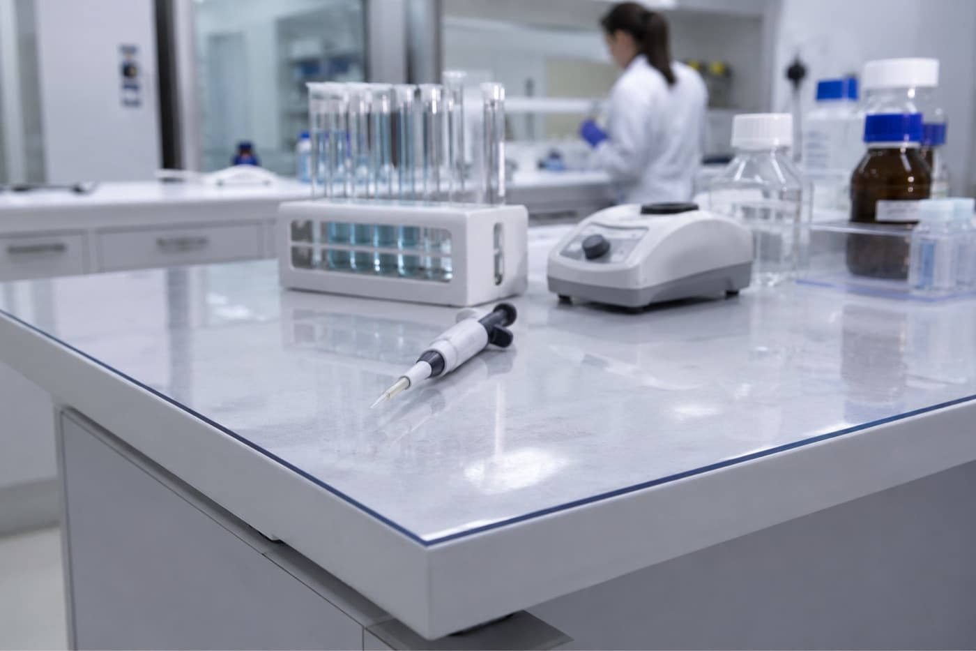 Piano da laboratorio in una clinica protetto da un tappeto trasparente in vetro morbido
