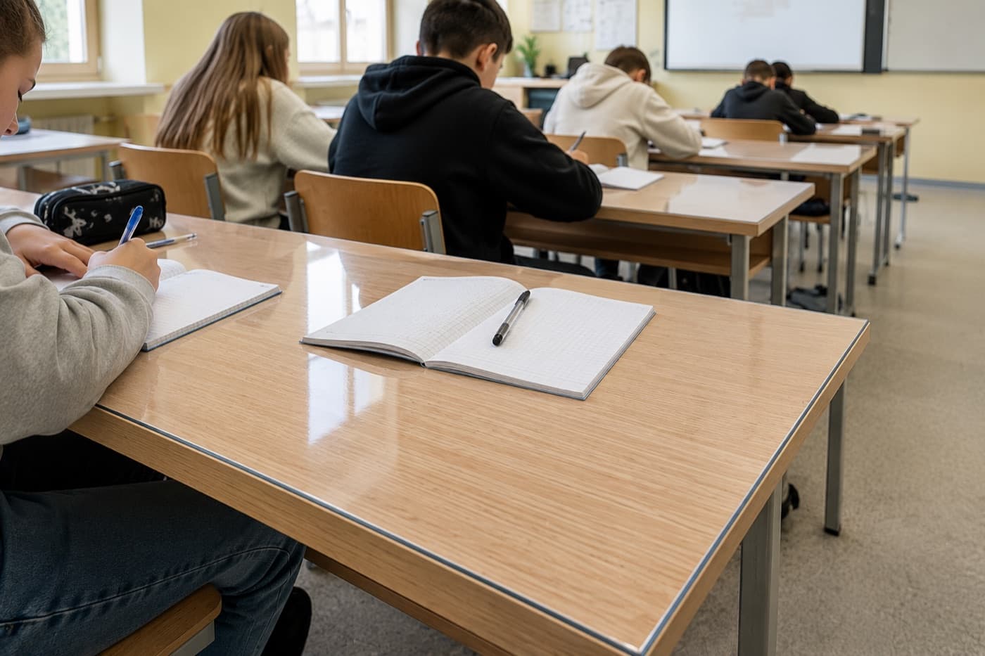 Banchi di scuola in un'aula protetti da un tappeto trasparente in vetro morbido
