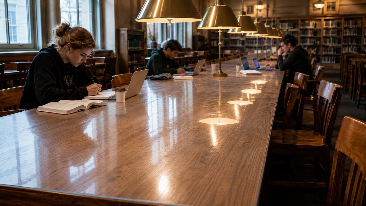 Lunghi piani della sala lettura universitaria con laptop protetti dal vetro morbido contro i graffi
